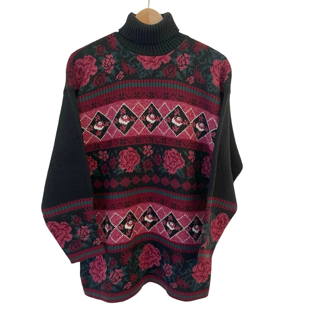 Vintage Cottagecore Turtleneck‎ Sweater Small Rose Floral Tunic Chunky Knit USA